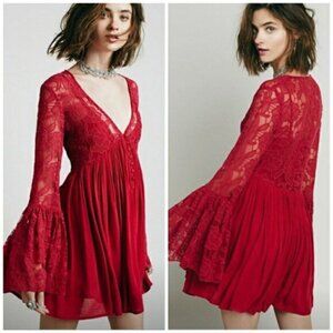 Free People Red Floral Lace Embroidered India With Love Bell Sleeve Boho Dress